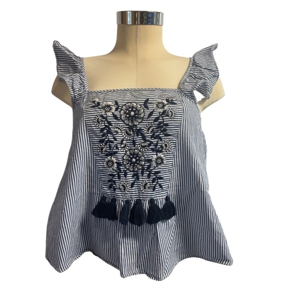 Zara blue and white striped cotton crop top. Adorable embroidery down the front. - Picture 1 of 5